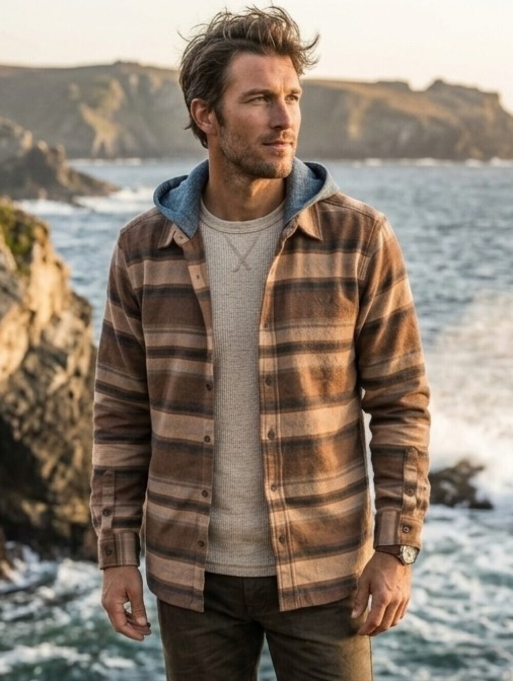 501 Quiksilver Men’s Striped Hooded Flannel Shirt Jacket Shacket Brown Tan Med